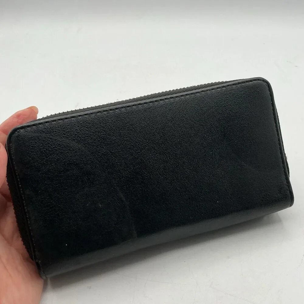 Anuschka Double Zip Faux Leather Floral Organizer Wallet Clutch Black Painted